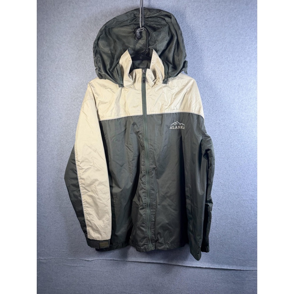 Alaska Jacket Mens XL Green Beige Hooded Full Zip Windbreaker Outdoor Coat
